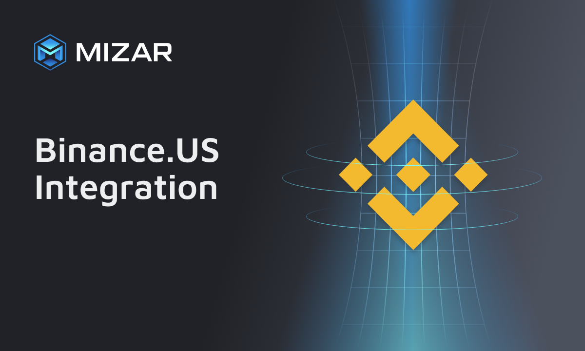 This image has navy blue and turquoise gradient background with small stars. It contains white text and the Mizar logo saying "the smarter way to trade crypto". The image also contains the yellow Binance.US logo. 

