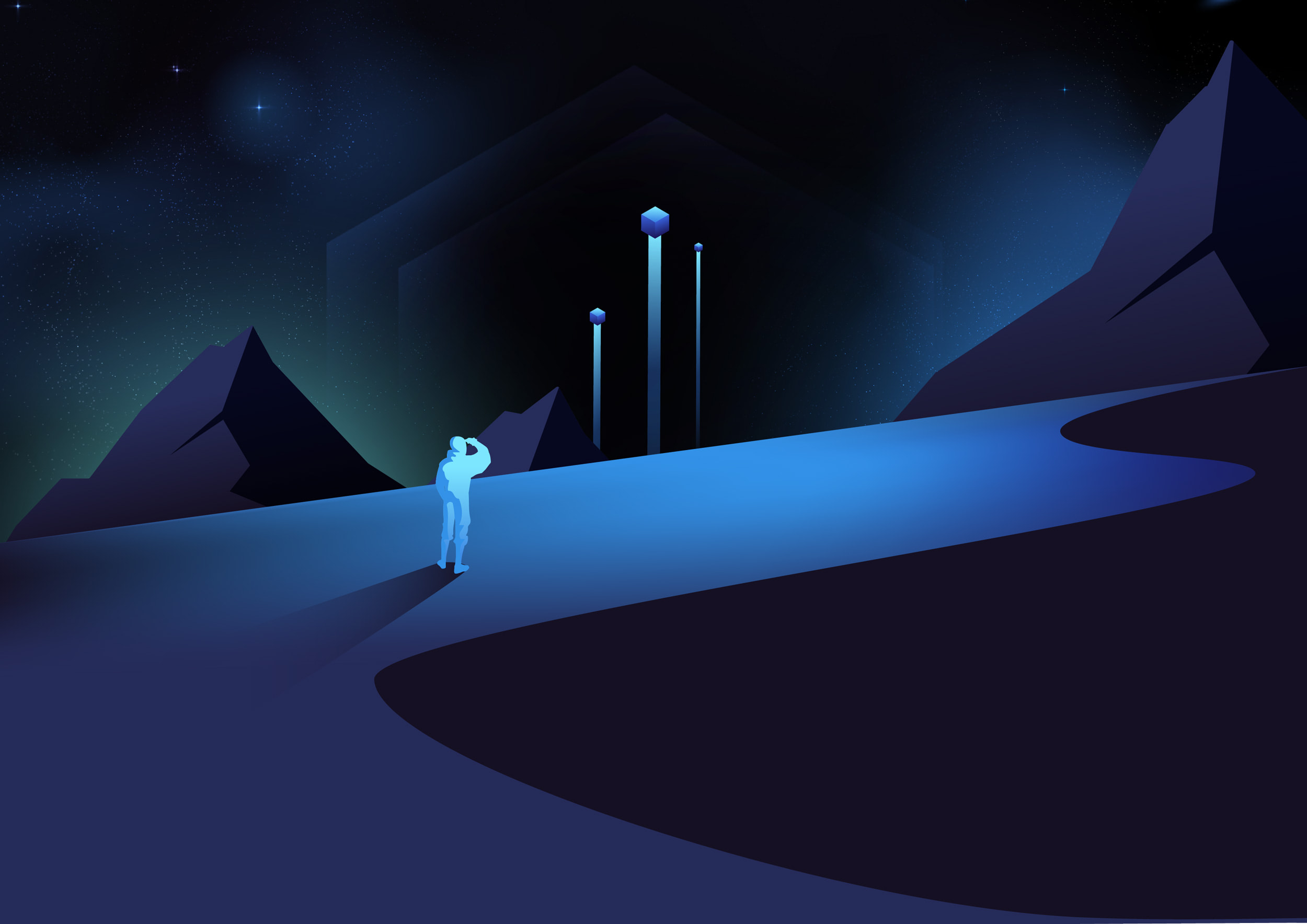 person on a planet looking at the stars behind the mountains