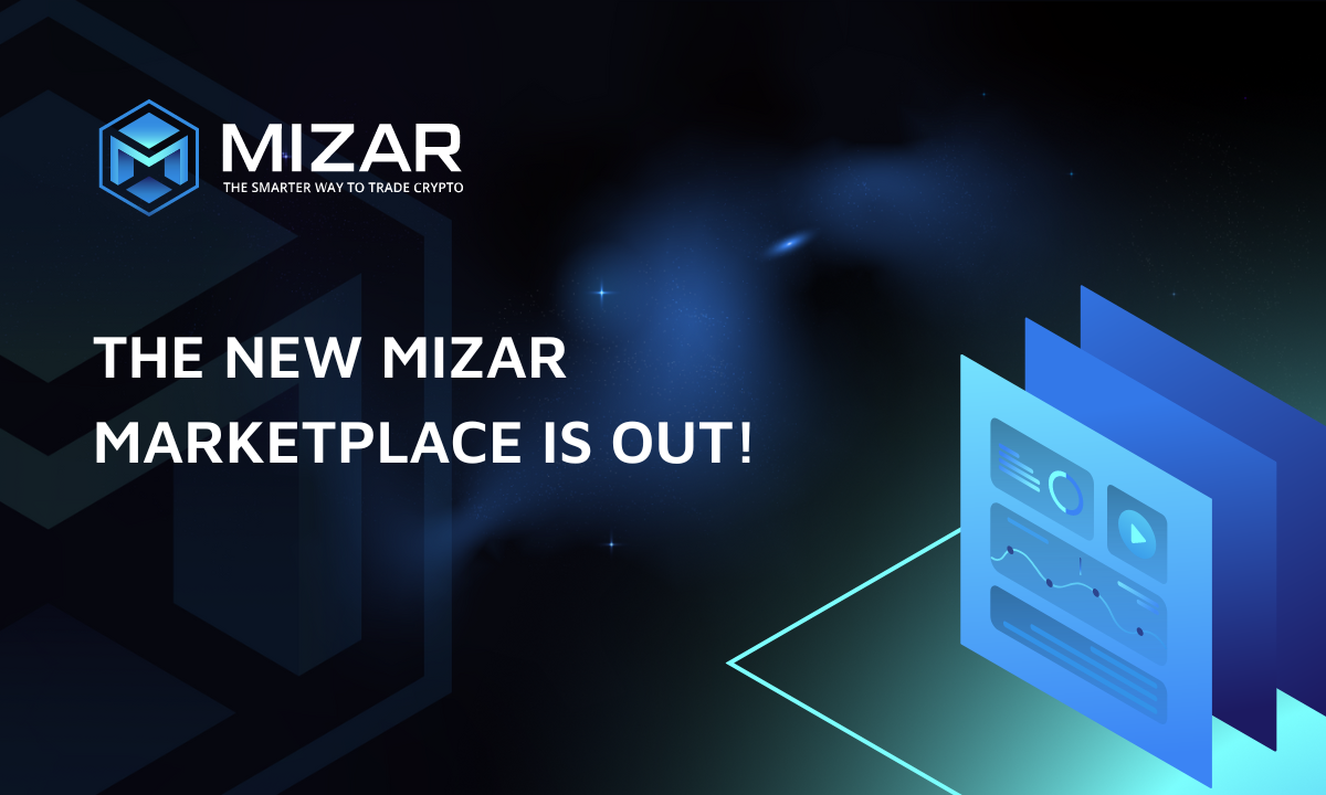 This image has navy blue and turquoise gradient background with small stars. It contains white text and the Mizar logo saying "the smarter way to trade crypto". The image also contains an exemplary site of the blog including a graph and piechart.