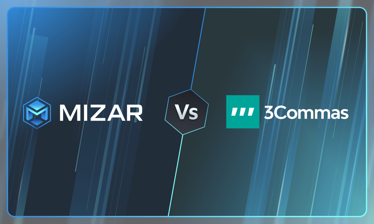 This image has navy blue and turquoise gradient background with small stars. It contains white text and the Mizar logo saying "the smarter way to trade crypto". The image also contains a green 3commas logo. 
