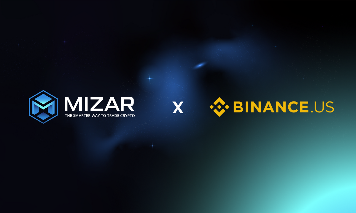 This image has navy blue and turquoise gradient background with small stars. It contains white text and the Mizar logo saying "the smarter way to trade crypto". The image also contains the yellow Binance.US logo. 

