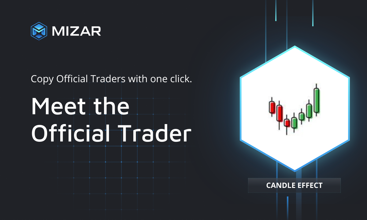 Black background with blue checks and white text. Contains the Mizar logo and a hexagon with a logo of candle effect.