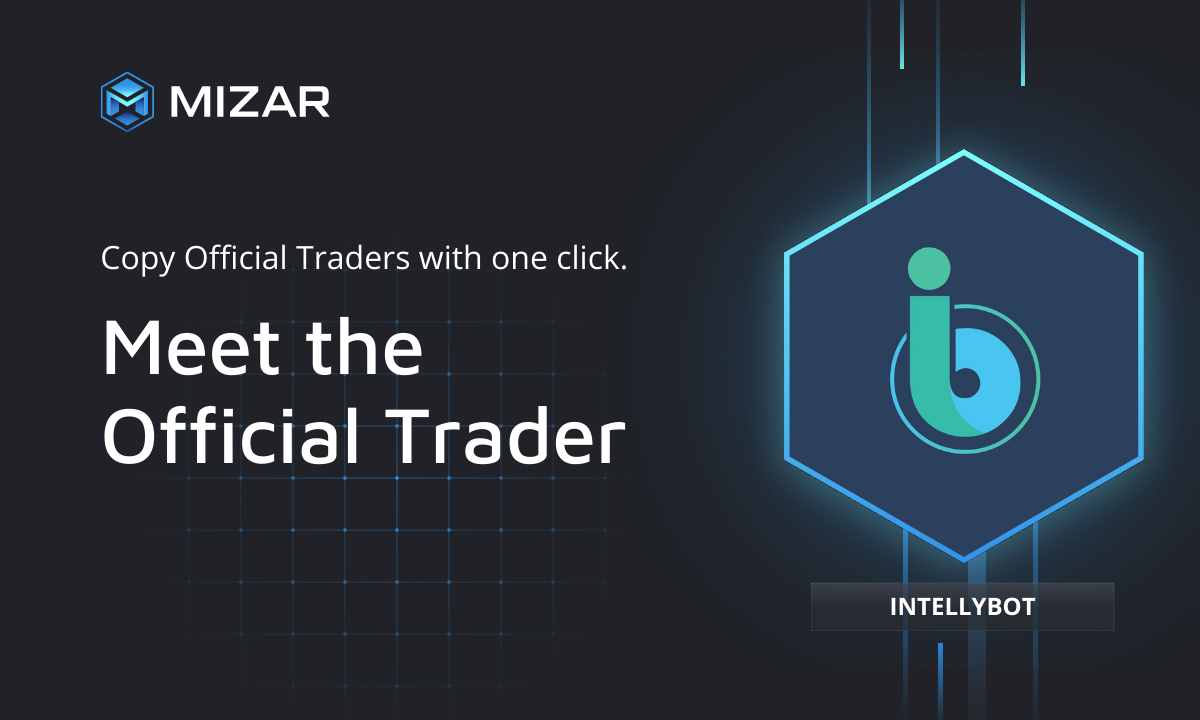 Black background with blue checks and white text. Contains the Mizar logo and a hexagon with a Intellybot logo.