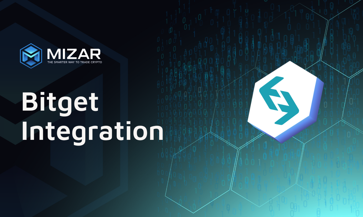 This image has navy blue and turquoise gradient background with hexagons. It contains white text and the Mizar logo saying "Bitget Integration". The image also contains a Bitget logo. 