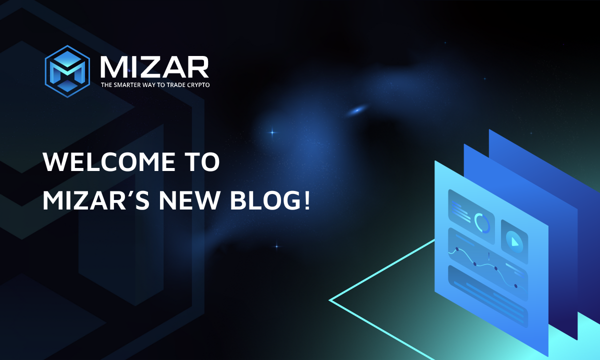 This image has navy blue and turquoise gradient background with small stars. It contains white text and the Mizar logo saying "the smarter way to trade crypto". The image also contains an exemplary site of the blog including a graph and piechart. 