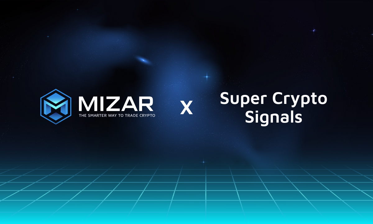 This image has navy blue and turquoise gradient background with small stars. It contains white text and the Mizar logo saying "the smarter way to trade crypto". 

