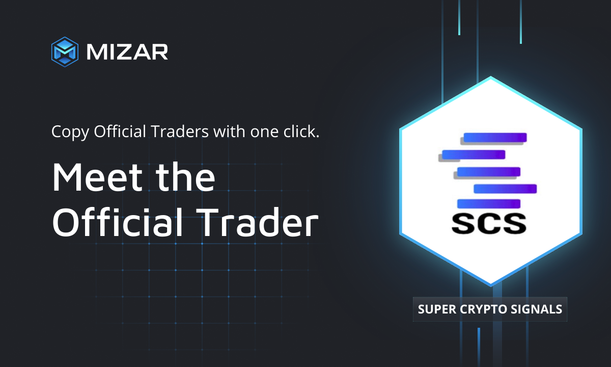 Black background with blue checks and white text. Contains the Mizar logo and a hexagon with a logo of Super Crypto Signals. 
