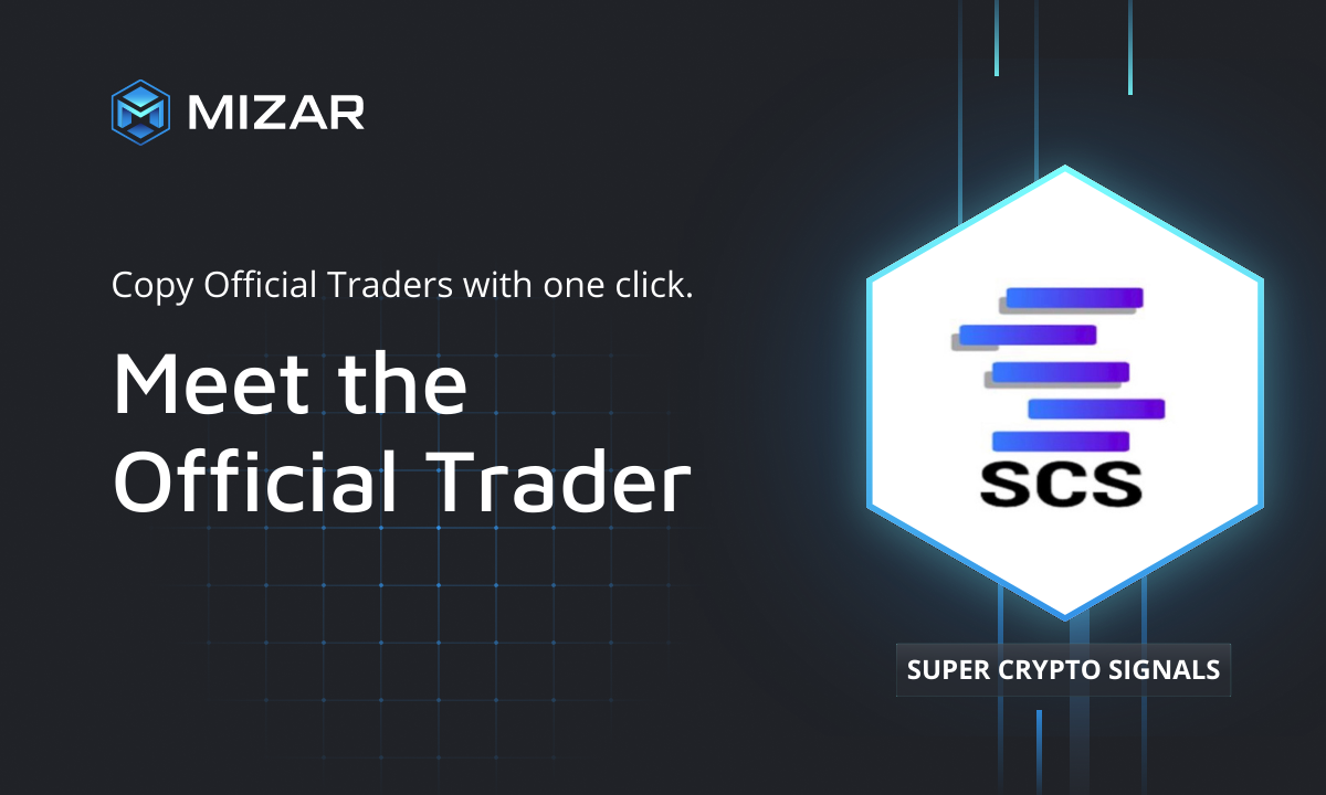 Black background with blue checks and white text. Contains the Mizar logo and a hexagon with a logo of Super Crypto Signals.