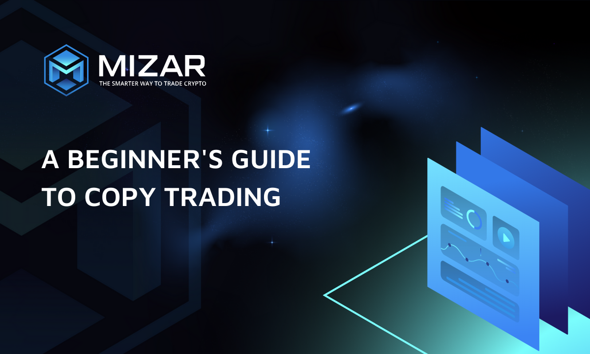 This image has navy blue and turquoise gradient background with small stars. It contains white text and the Mizar logo saying "the smarter way to trade crypto". The image also contains an exemplary site of the blog including a graph and piechart. 