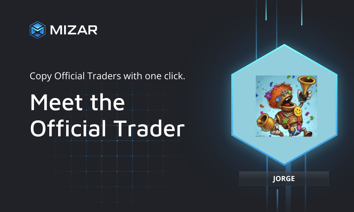 Black background with blue checks and white text. Contains the Mizar logo and a hexagon with a logo of Jorge.