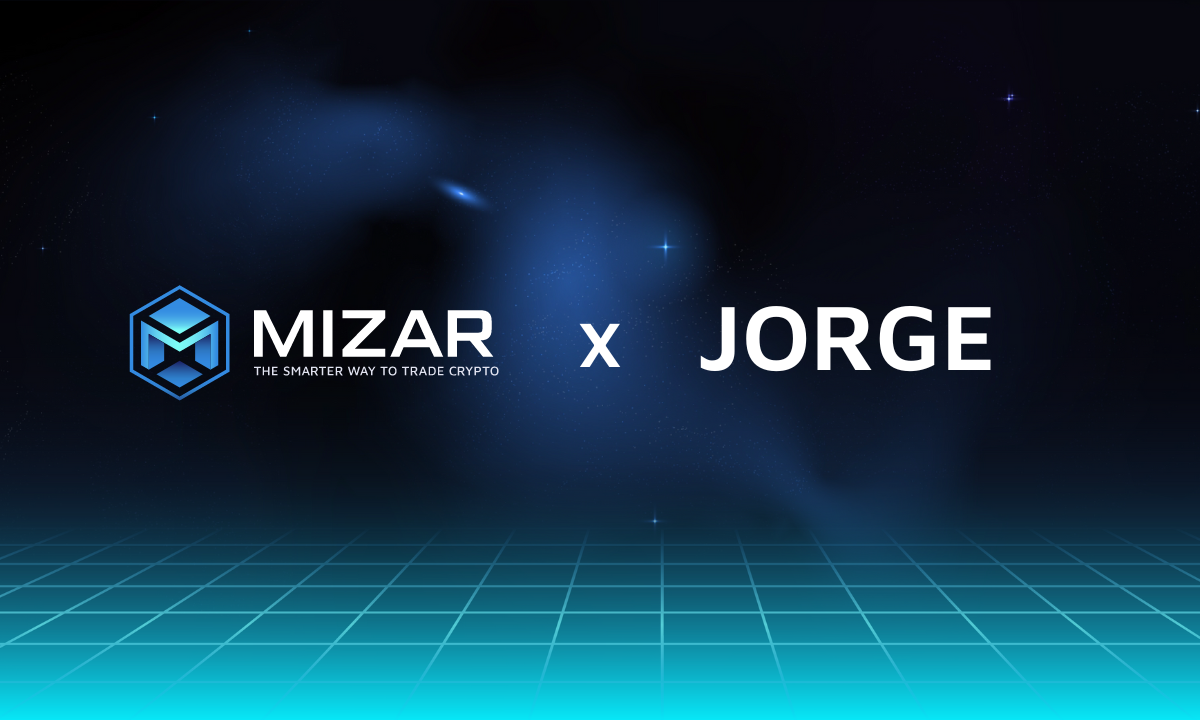 This image has navy blue and turquoise gradient background with small stars. It contains white text and the Mizar logo saying "the smarter way to trade crypto". The image also contains white text reading Jorge. 
