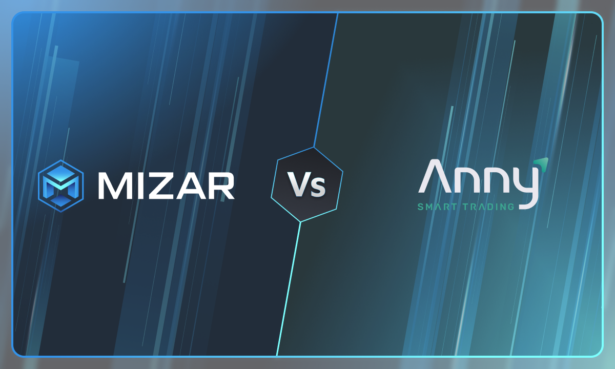 This image has navy blue and turquoise gradient background with small stars. It contains white text and the Mizar logo saying "the smarter way to trade crypto". The image also contains a Anny Trade logo. 
