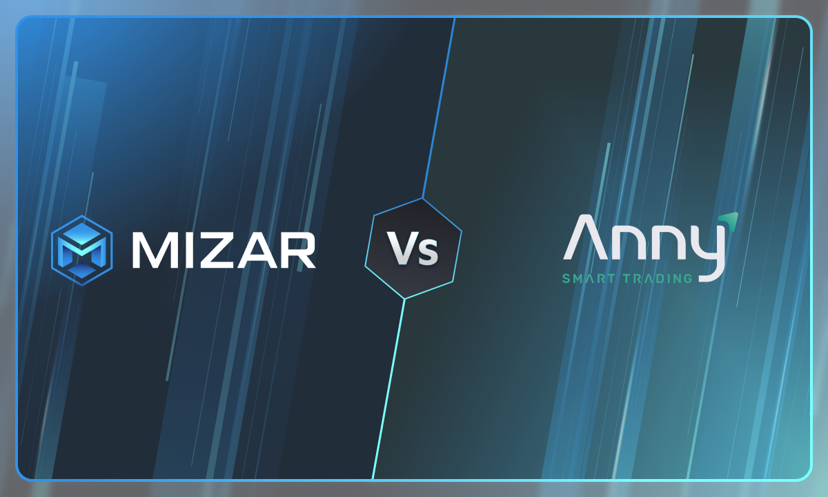 This image has navy blue and turquoise gradient background with small stars. It contains white text and the Mizar logo saying "the smarter way to trade crypto". The image also contains a Anny Trade logo.