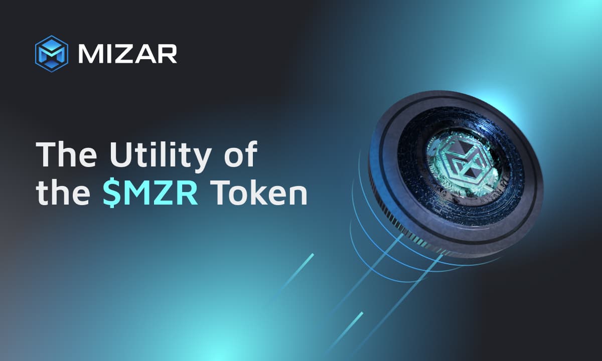 Blue and black gradient background with white text and Mizar's crypto currency coin 