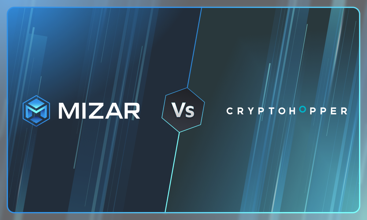 This image has navy blue and turquoise gradient background with small stars. It contains white text and the Mizar logo saying "the smarter way to trade crypto". The image also contains a grey Cryptohopper logo. 
