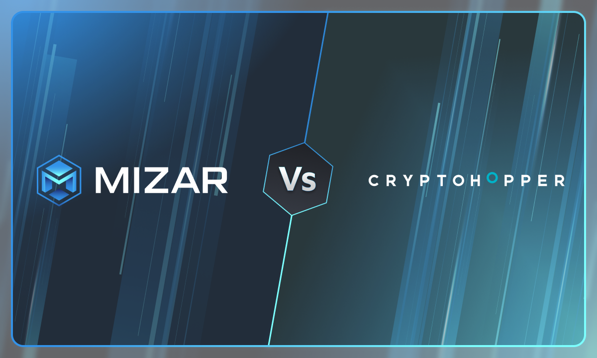 This image has navy blue and turquoise gradient background with small stars. It contains white text and the Mizar logo saying "the smarter way to trade crypto". The image also contains a grey Cryptohopper logo.