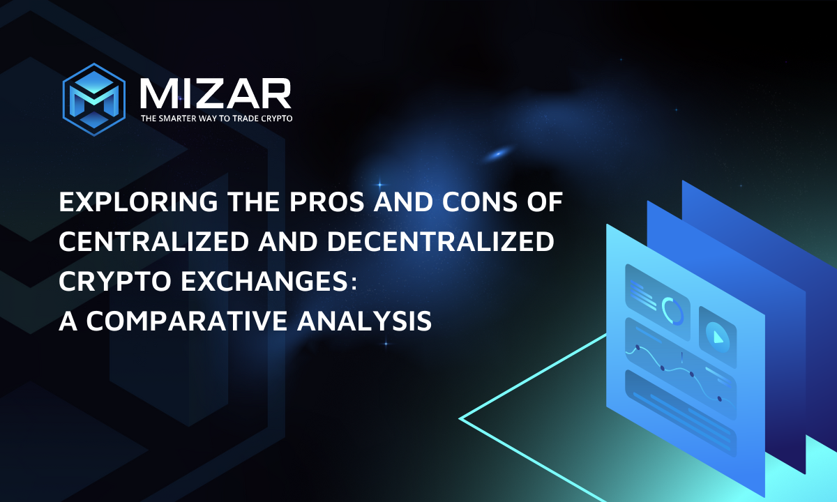 This image has navy blue and turquoise gradient background with small stars. It contains white text and the Mizar logo saying "the smarter way to trade crypto". The image also contains an exemplary site of the blog including a graph and piechart.