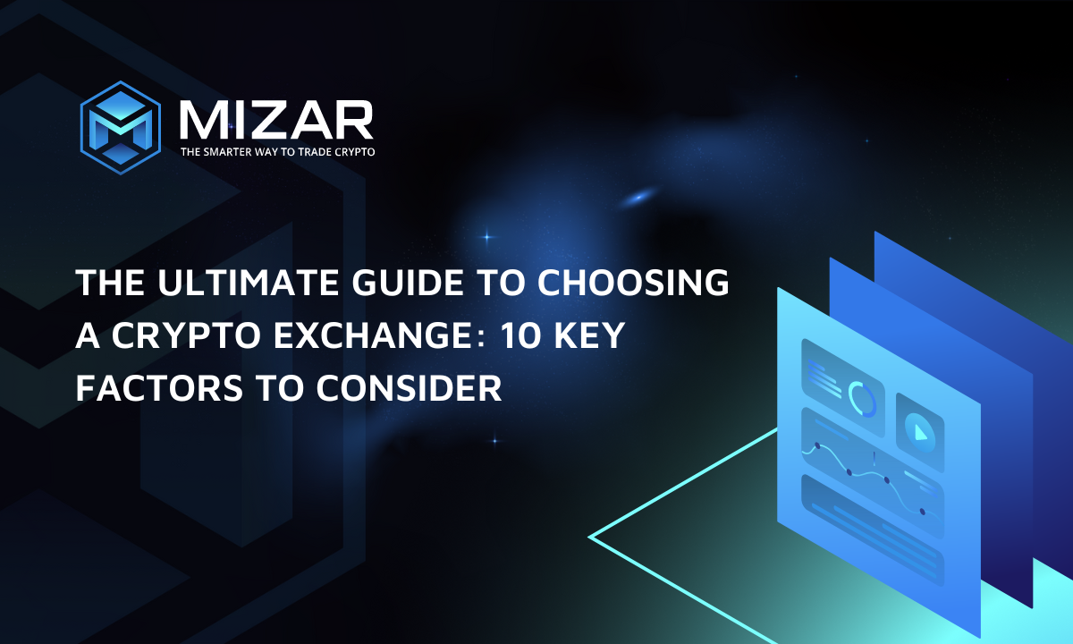 This image has navy blue and turquoise gradient background with small stars. It contains white text and the Mizar logo saying "the smarter way to trade crypto". The image also contains an exemplary site of the blog including a graph and piechart.