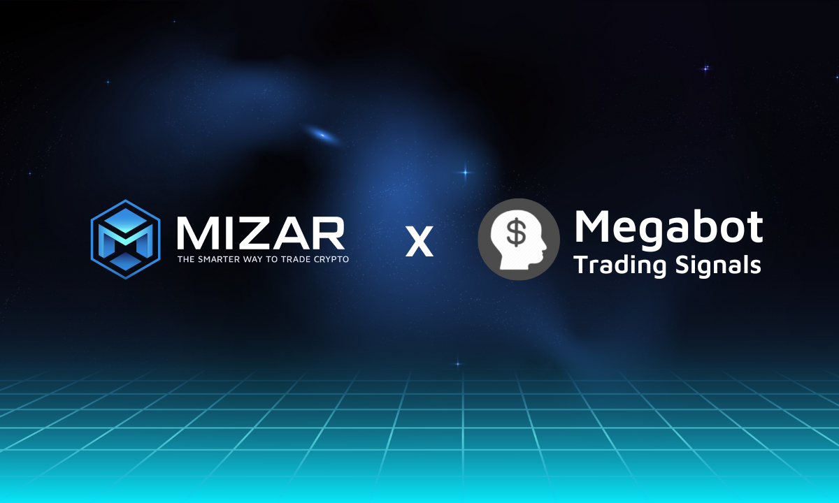 This image has navy blue and turquoise gradient background with small stars. It contains white text and the Mizar logo saying "the smarter way to trade crypto". The image also contains a blue MegaBotSignals  logo. 
