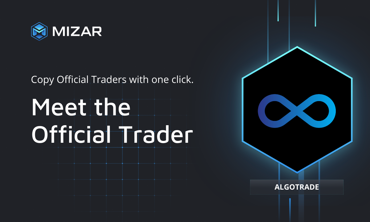 Black background with blue checks and white text. Contains the Mizar logo and a hexagon with a logo of AlgoTrade. 