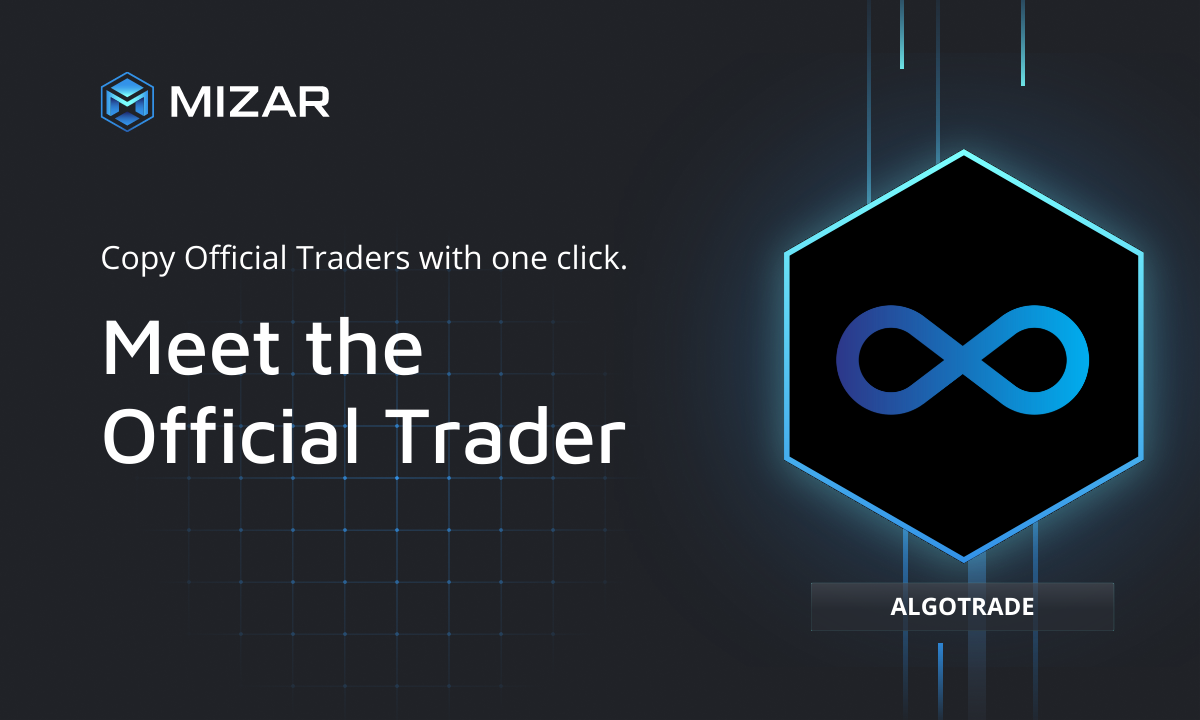 Black background with blue checks and white text. Contains the Mizar logo and a hexagon with a logo of AlgoTrade.