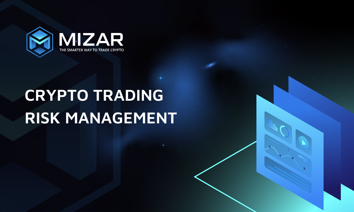 This image has navy blue and turquoise gradient background with small stars. It contains white text and the Mizar logo saying "the smarter way to trade crypto". The image also contains an exemplary site of the blog including a graph and piechart.