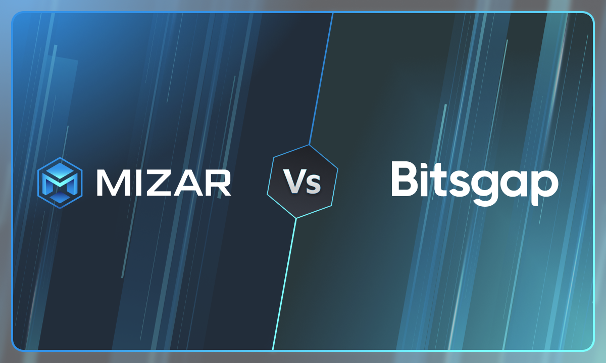 This image has navy blue and turquoise gradient background with small stars. It contains white text and the Mizar logo saying "the smarter way to trade crypto". The image also contains a Bitsgap logo. 
