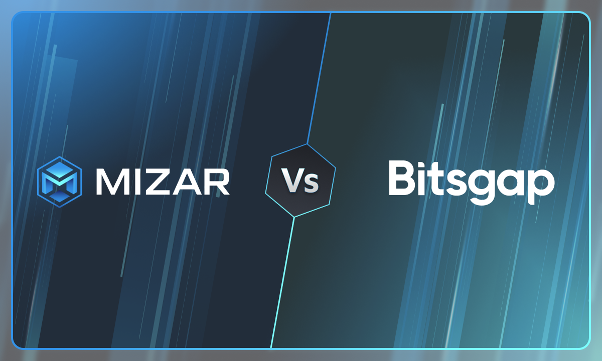 This image has navy blue and turquoise gradient background with small stars. It contains white text and the Mizar logo saying "the smarter way to trade crypto". The image also contains a Bitsgap logo.