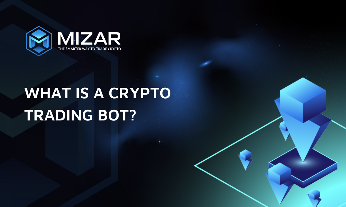 This image has navy blue and turquoise gradient background with small stars. It contains white text and the Mizar logo saying "the smarter way to trade crypto". The image also contains triangular and cubed shaped figures.