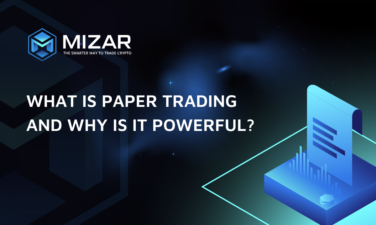 This image has navy blue and turquoise gradient background with small stars. It contains white text and the Mizar logo saying "the smarter way to trade crypto". The image also contains an exemplary site of the document on top of a square block including a bar chart. 