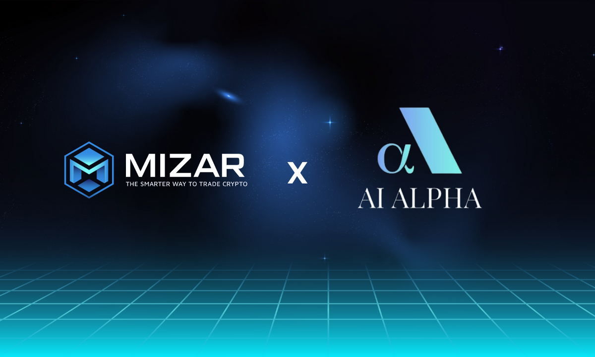 This image has navy blue and turquoise gradient background with small stars. It contains white text and the Mizar logo saying "the smarter way to trade crypto". The image also contains a blue AI Alpha logo. 
