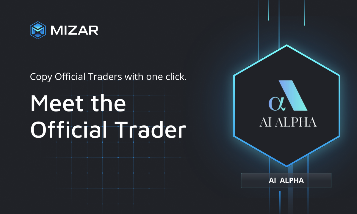 Black background with blue checks and white text. Contains the Mizar logo and a hexagon with a logo of AI Alpha.