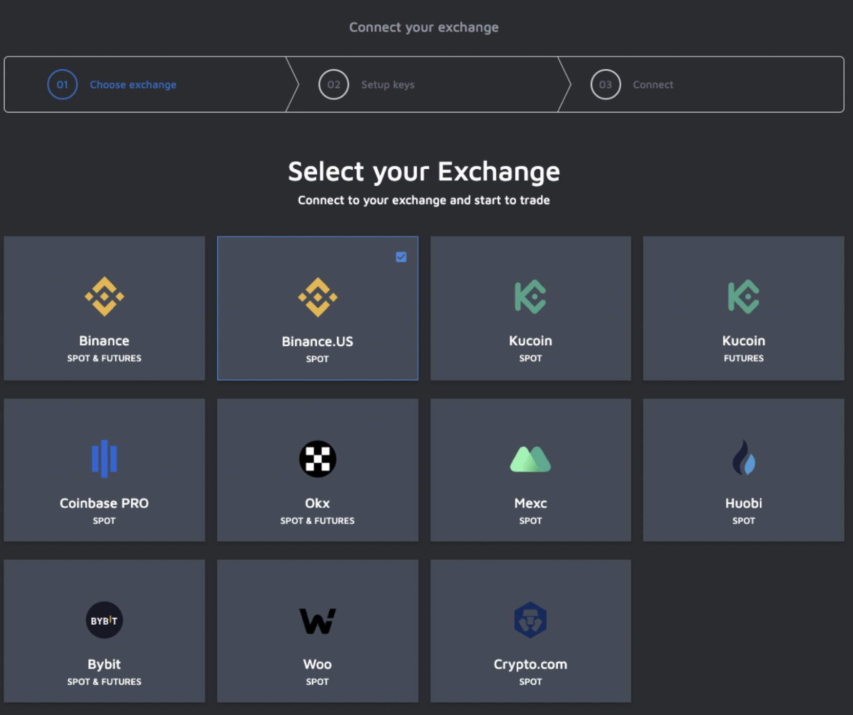 Connect Binance.US to Mizar. This image is a black background and contains logos of crypto exchanges such as Binance, Binance.US, KuCoin, Coinbase PRO, OKX, MEXC, Huobi, ByBit, Woo and Crypto.com. 