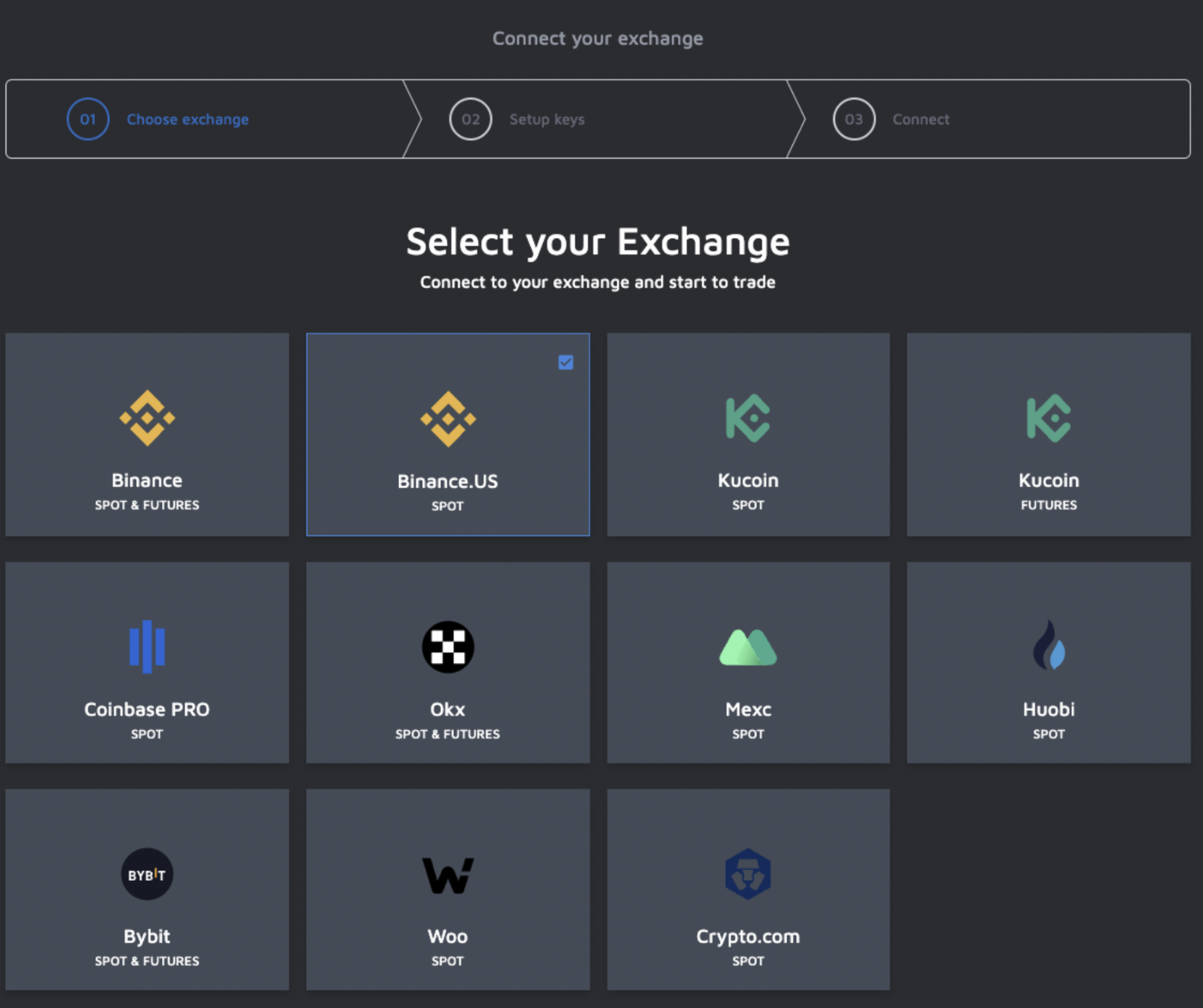 Connect Binance.US to Mizar. This image is a black background and contains logos of crypto exchanges such as Binance, Binance.US, KuCoin, Coinbase PRO, OKX, MEXC, Huobi, ByBit, Woo and Crypto.com.