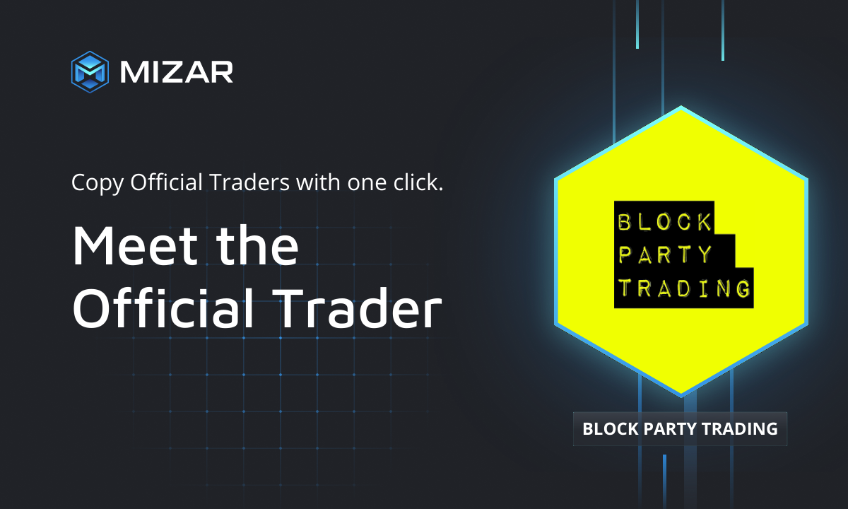 Black background with blue checks and white text. Contains the Mizar logo and a hexagon with a logo of Block Party Trading.