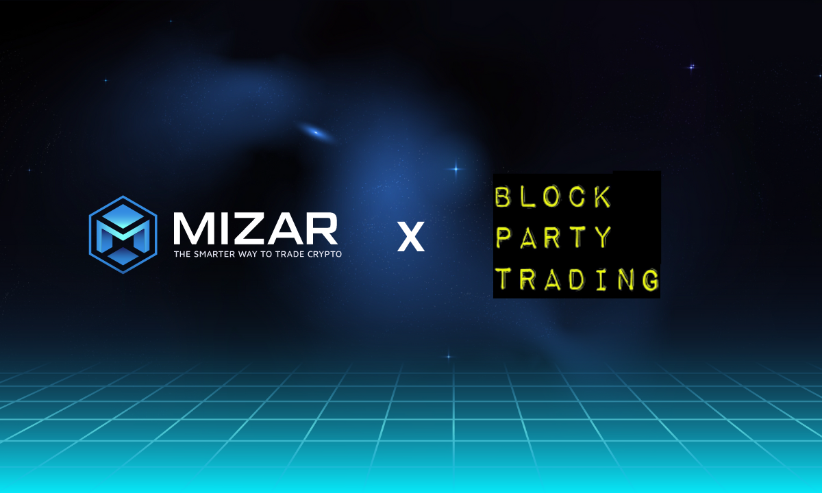 This image has navy blue and turquoise gradient background with small stars. It contains white text and the Mizar logo saying "the smarter way to trade crypto". The image also contains a BlockPartyTrading logo. 
