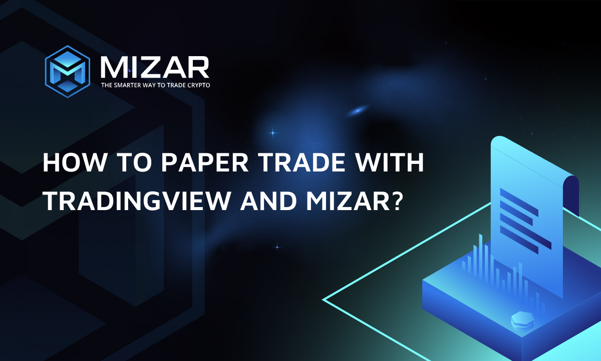 This image has navy blue and turquoise gradient background with small stars. It contains white text and the Mizar logo saying "the smarter way to trade crypto". The image also contains an exemplary site of the document on top of a square block including a bar chart. 