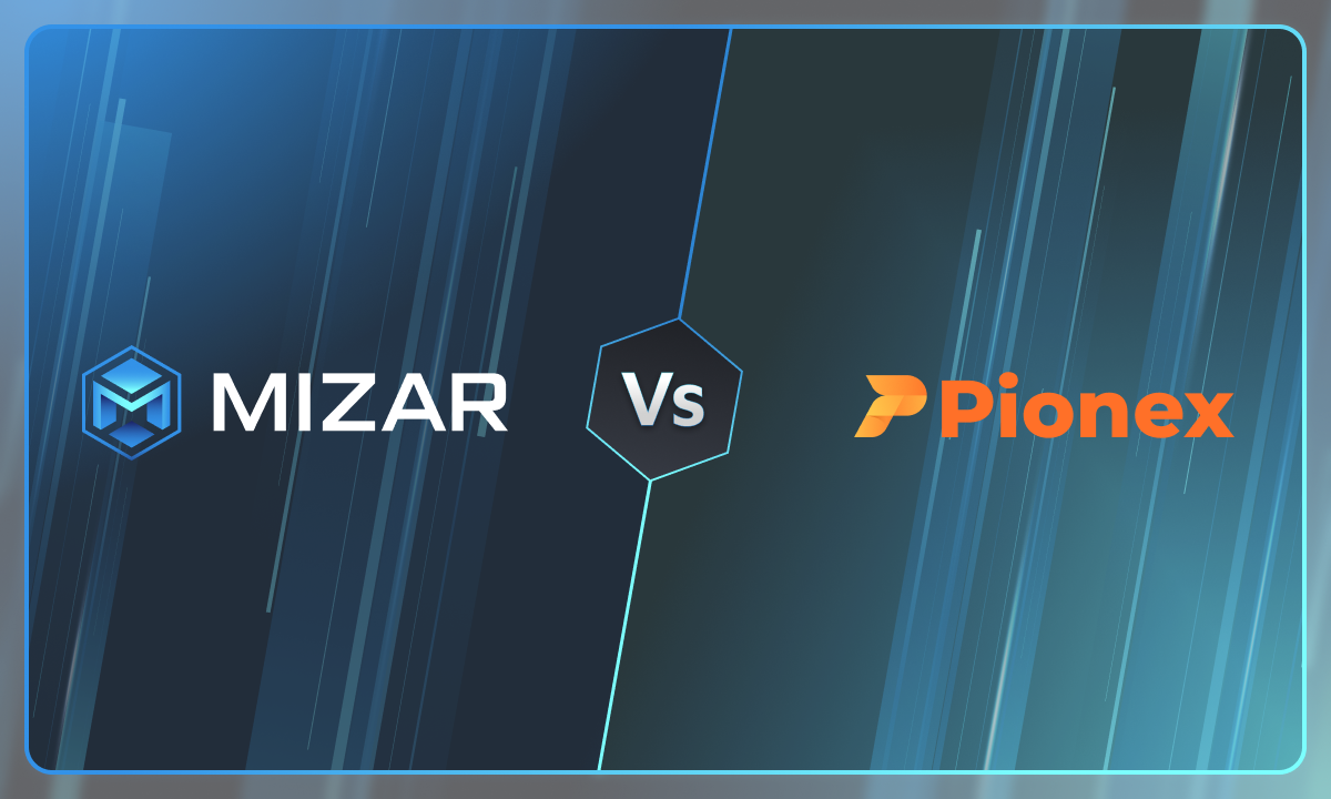 This image has navy blue and turquoise gradient background with small stars. It contains white text and the Mizar logo saying "the smarter way to trade crypto". The image also contains a Pionex Trade logo.